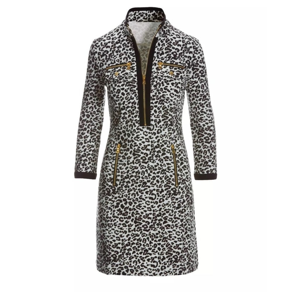 Boston Proper Leopard Print Zip Front Shift Dress Gold Hardware Women's Size M